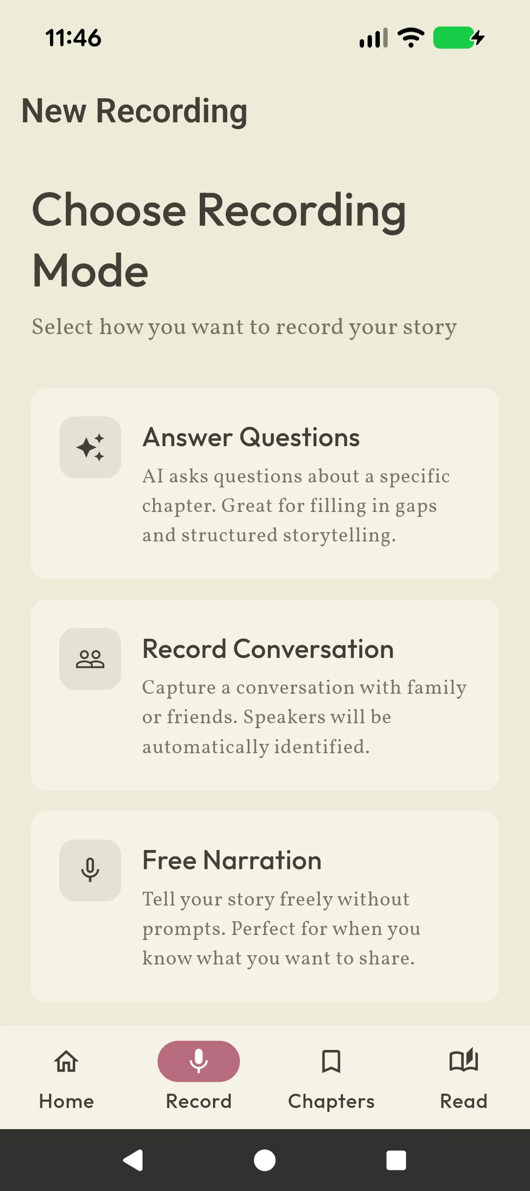 YourBook app recording options screen