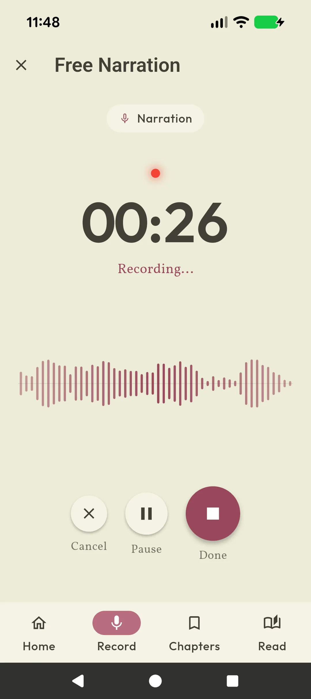 YourBook app recording screen with waveform visualisation